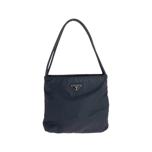 PRADA Tote Bag Nylon Black SilverMetal Tote Bag  Shoulder Bag Test Triangle With logo Women Used Authentic
