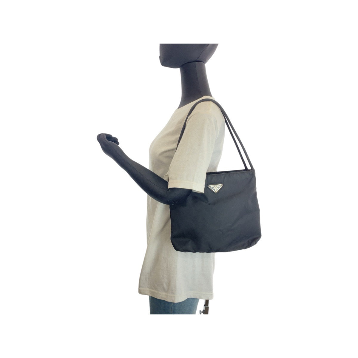 PRADA Tote Bag Nylon Black SilverMetal Tote Bag  Shoulder Bag Test Triangle With logo Women Used Authentic