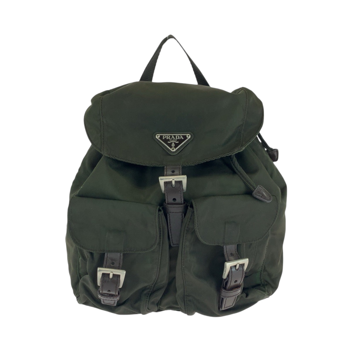 PRADA Backpack Nylon Khaki Brown SilverMetal Backpack Backpack Test Triangle With logo Women Used Authentic