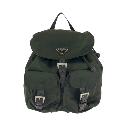 PRADA Backpack Nylon Khaki Brown SilverMetal Backpack Backpack Test Triangle With logo Women Used Authentic