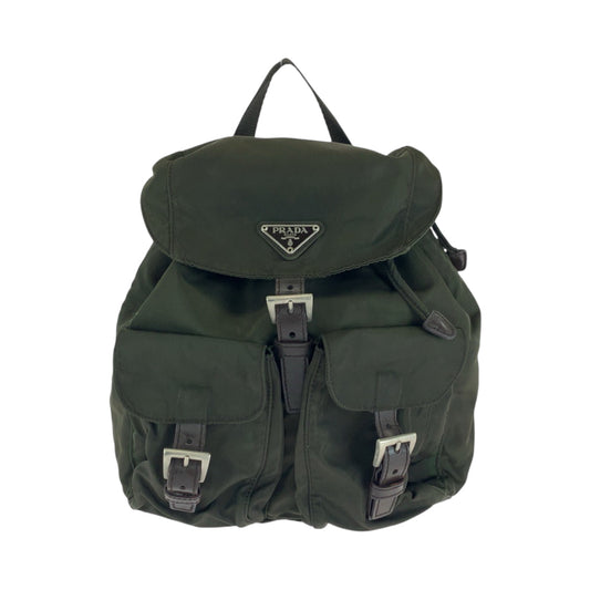 PRADA Backpack Nylon Khaki Brown SilverMetal Backpack Backpack Test Triangle With logo Women Used Authentic