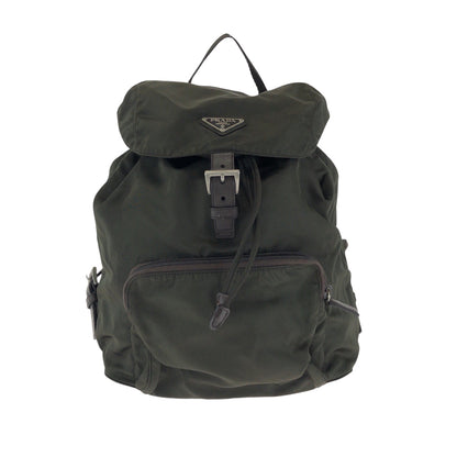 PRADA Backpack Nylon Khaki Brown SilverMetal Backpack Backpack Test Triangle With logo Women Used Authentic