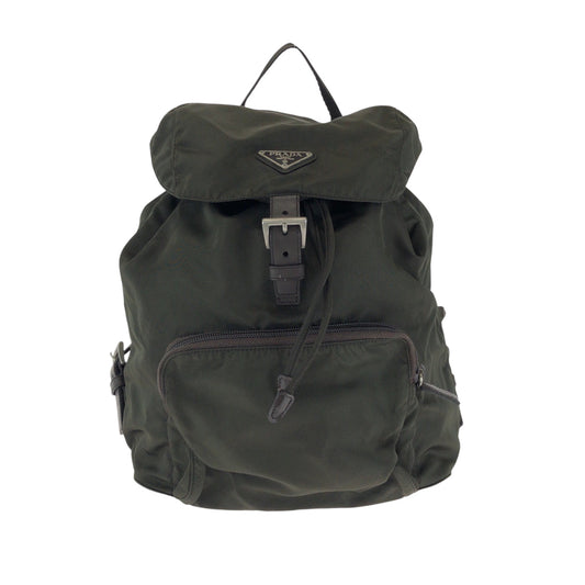 PRADA Backpack Nylon Khaki Brown SilverMetal Backpack Backpack Test Triangle With logo Women Used Authentic