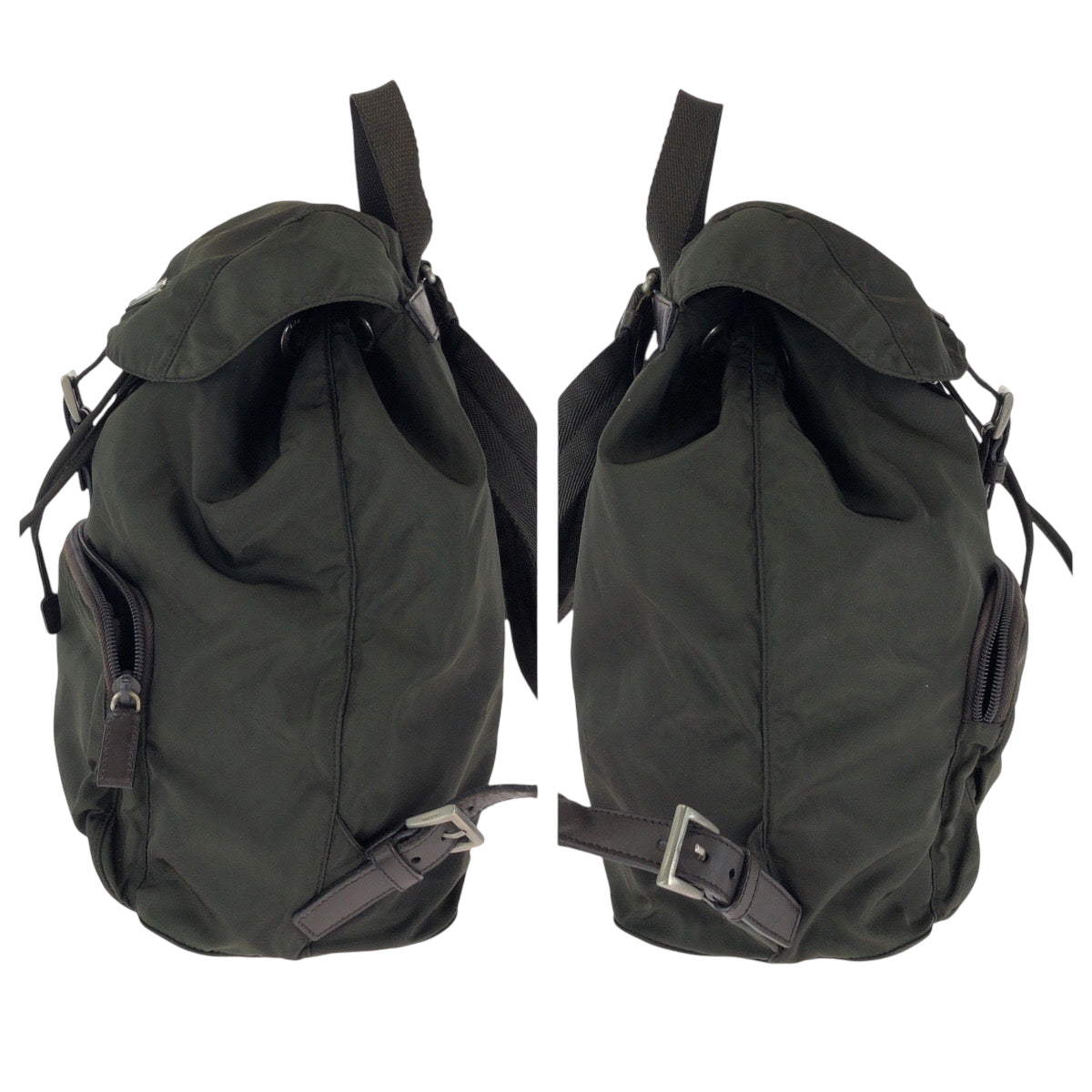 PRADA Backpack Nylon Khaki Brown SilverMetal Backpack Backpack Test Triangle With logo Women Used Authentic