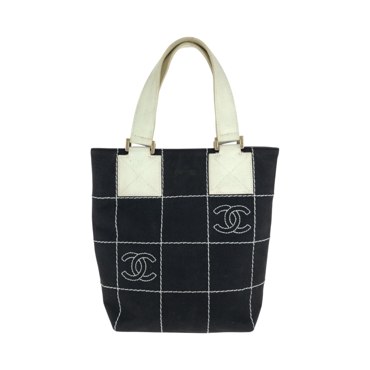 CHANEL Tote Bag canvas Black GoldMetal Handbag Tote Bag Wild Stitch Chocolate Bar COCO Mark Women Used Authentic