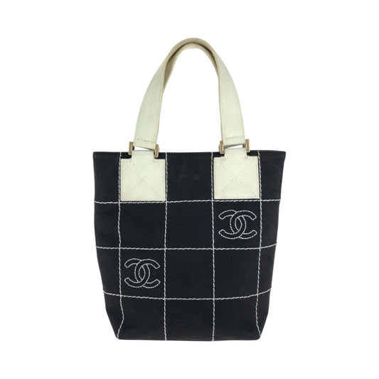 CHANEL Tote Bag canvas Black GoldMetal Handbag Tote Bag Wild Stitch Chocolate Bar COCO Mark Women Used Authentic