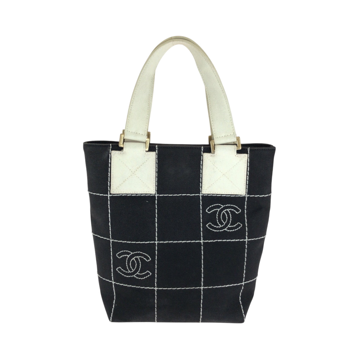 CHANEL Tote Bag canvas Black GoldMetal Handbag Tote Bag Wild Stitch Chocolate Bar COCO Mark Women Used Authentic