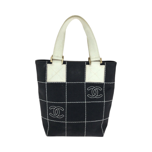 CHANEL Tote Bag canvas Black GoldMetal Handbag Tote Bag Wild Stitch Chocolate Bar COCO Mark Women Used Authentic