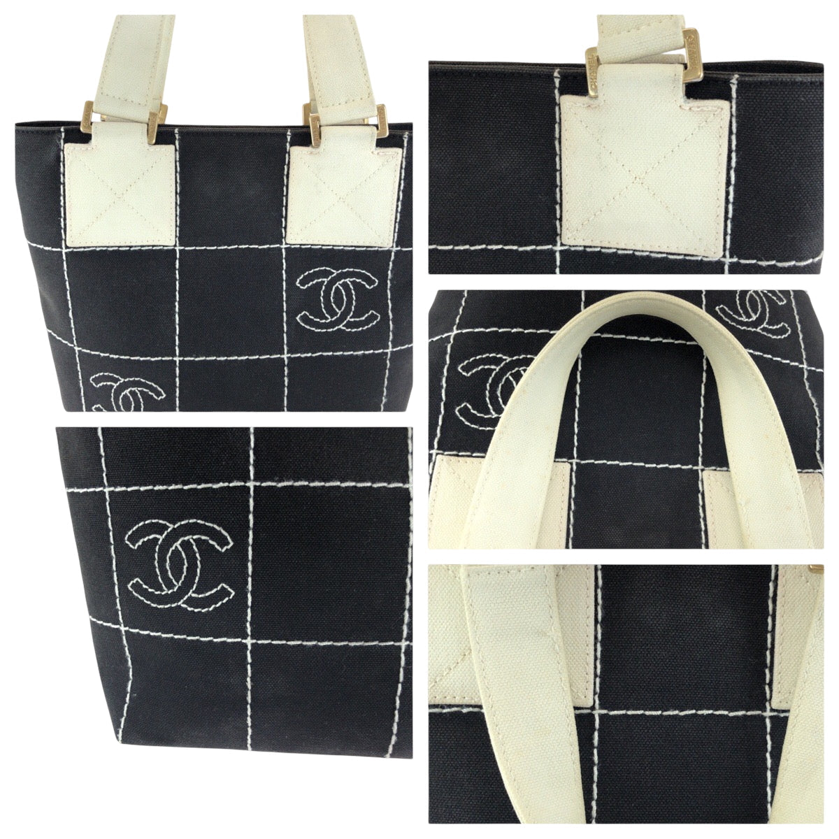 CHANEL Tote Bag canvas Black GoldMetal Handbag Tote Bag Wild Stitch Chocolate Bar COCO Mark Women Used Authentic