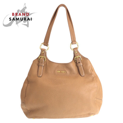 PRADA Shoulder Bag leather Beige Gold Metal
