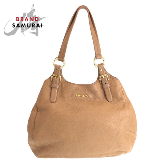 PRADA Shoulder Bag leather Beige Gold Metal
