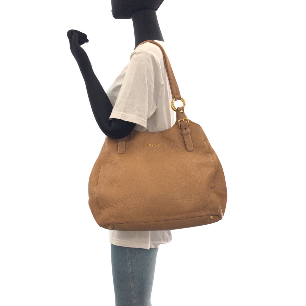 PRADA Shoulder Bag leather Beige Gold Metal
