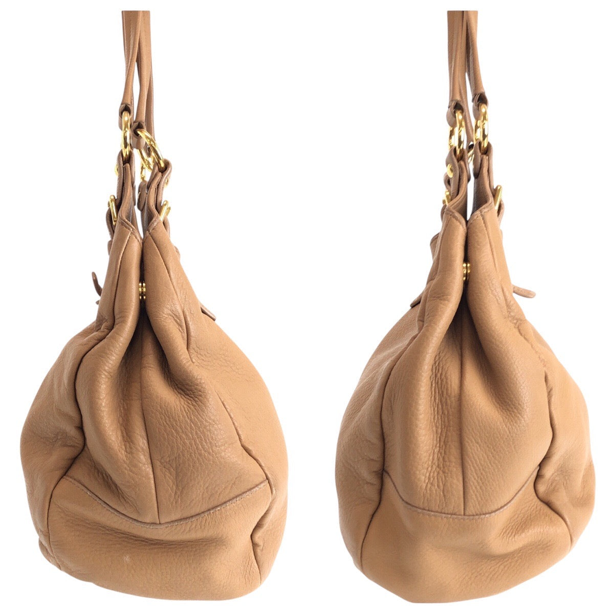 PRADA Shoulder Bag leather Beige Gold Metal