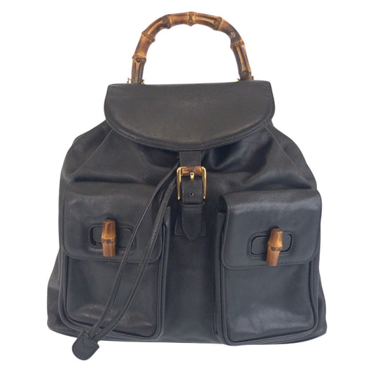 GUCCI Backpack 006 2040 0016 leather Black GoldMetal Backpack Bamboo Women Used Authentic