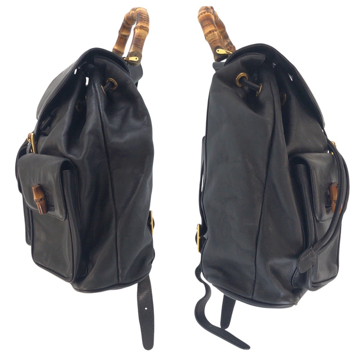 GUCCI Backpack 006 2040 0016 leather Black GoldMetal Backpack Bamboo Women Used Authentic