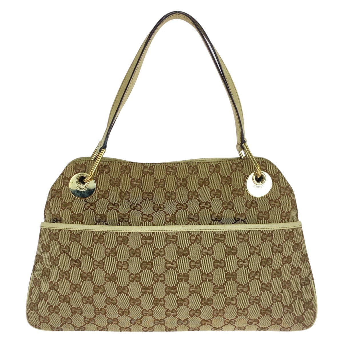 GUCCI Tote Bag GG canvas, leather Beige Ivory Gold Metal Tote Bag Shoulder Bag Women Used Authentic