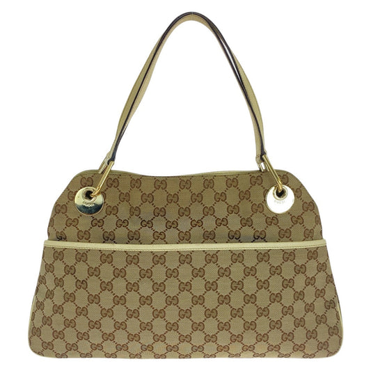 GUCCI Tote Bag GG canvas, leather Beige Ivory Gold Metal Tote Bag Shoulder Bag Women Used Authentic