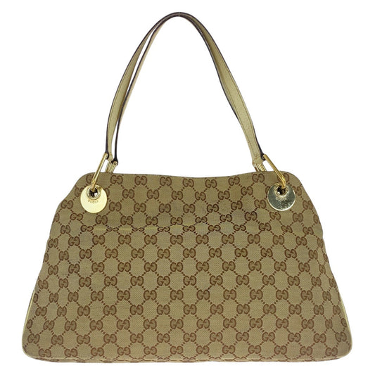 GUCCI Tote Bag GG canvas, leather Beige Ivory Gold Metal Tote Bag Shoulder Bag Women Used Authentic