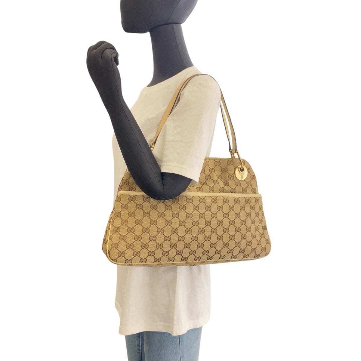 GUCCI Tote Bag GG canvas, leather Beige Ivory Gold Metal Tote Bag Shoulder Bag Women Used Authentic