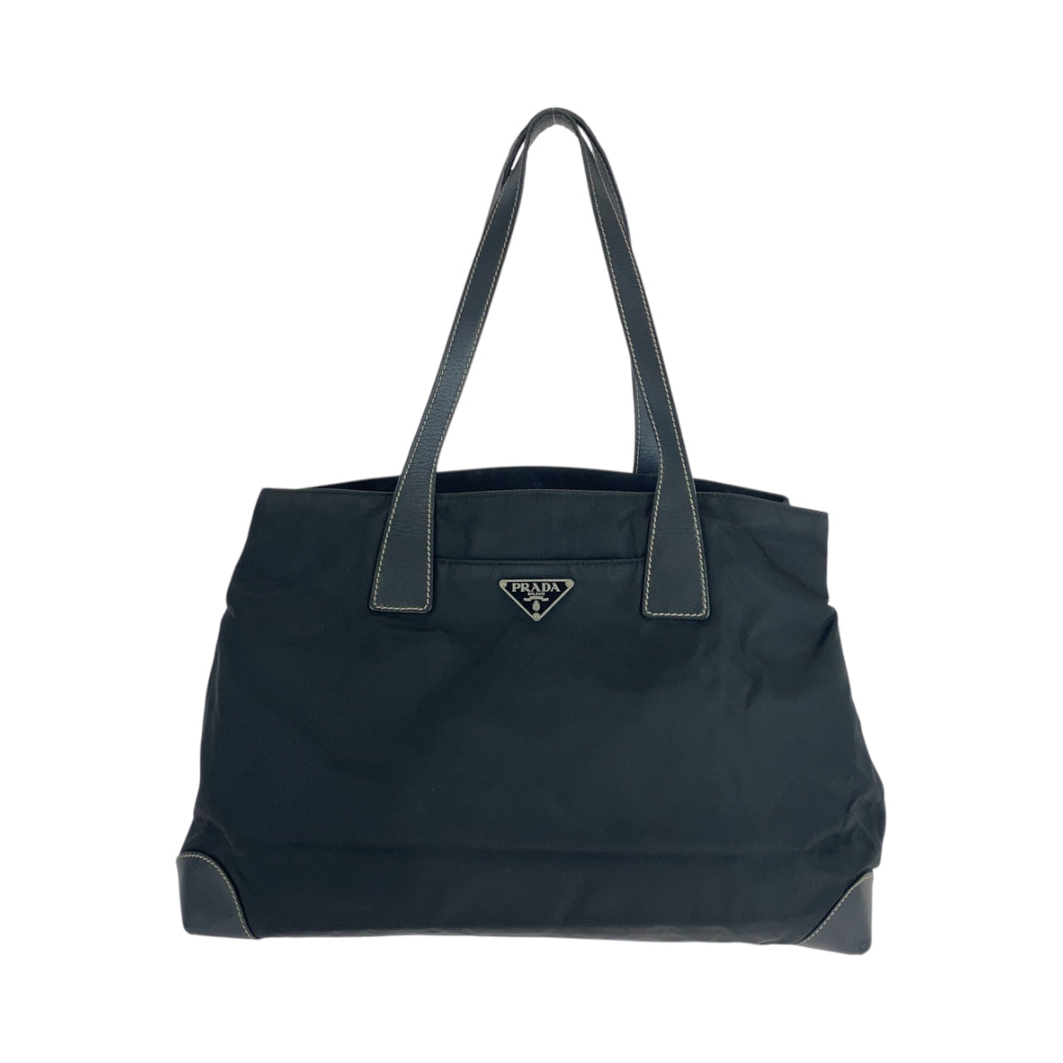 PRADA Tote Bag Nylon Black SilverMetal Tote Bag handbag Test Triangle With logo Women Used Authentic