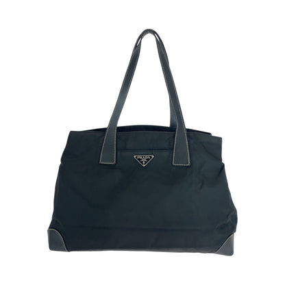 PRADA Tote Bag Nylon Black SilverMetal Tote Bag handbag Test Triangle With logo Women Used Authentic