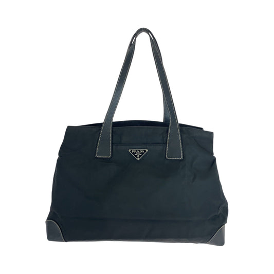 PRADA Tote Bag Nylon Black SilverMetal Tote Bag handbag Test Triangle With logo Women Used Authentic