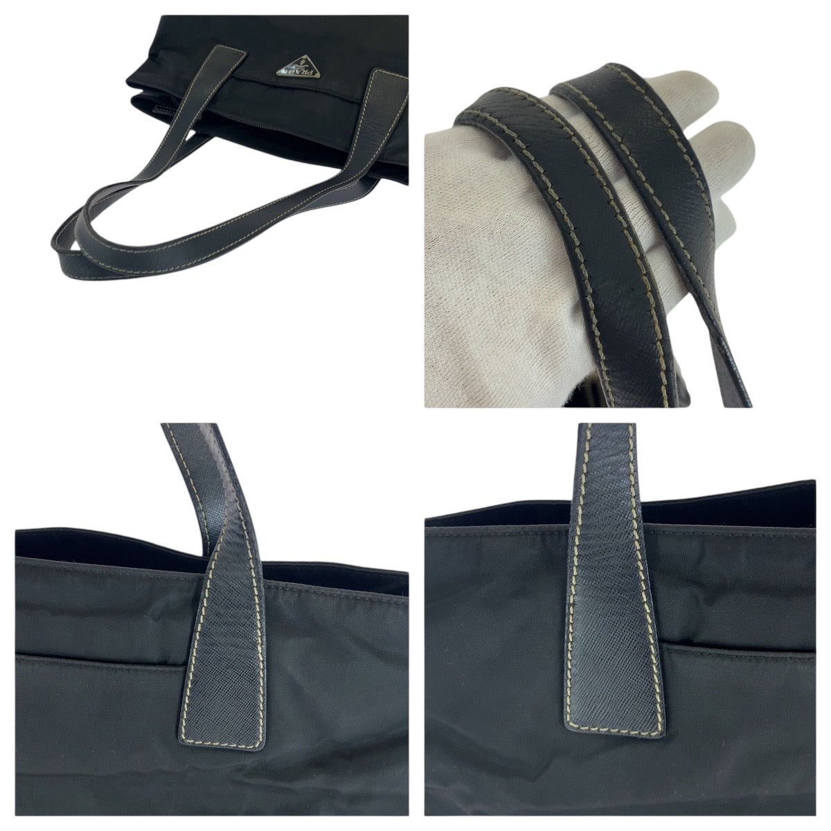 PRADA Tote Bag Nylon Black SilverMetal Tote Bag handbag Test Triangle With logo Women Used Authentic