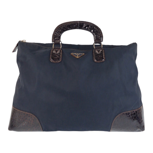 PRADA Tote Bag Nylon, Leather Navy brown Tote Bag handbag Test Triangle With logo Women Used Authentic
