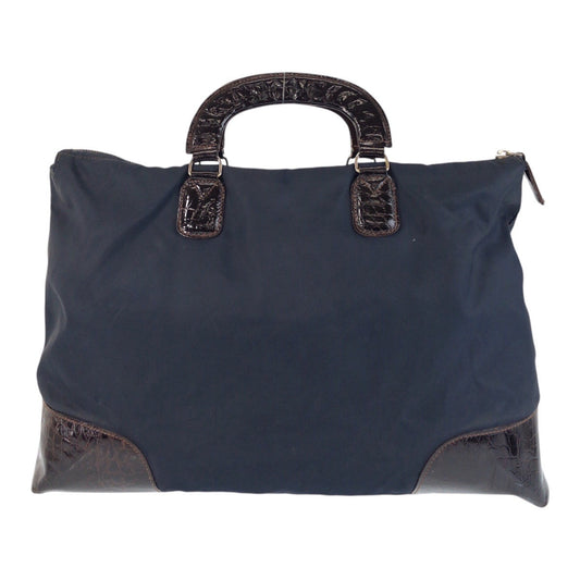 PRADA Tote Bag Nylon, Leather Navy brown Tote Bag handbag Test Triangle With logo Women Used Authentic