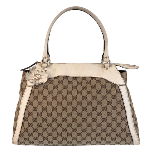 GUCCI Tote Bag 189828 GG canvas, leather Beige Ivory Gold Metal Tote Bag Shoulder Bag Trophy Women Used Authentic