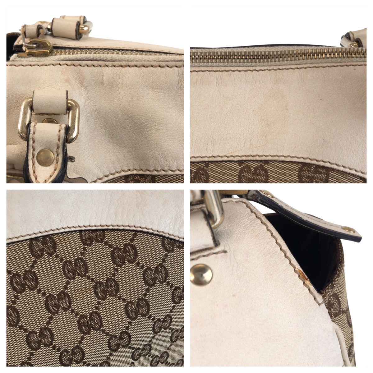 GUCCI Tote Bag 189828 GG canvas, leather Beige Ivory Gold Metal Tote Bag Shoulder Bag Trophy Women Used Authentic