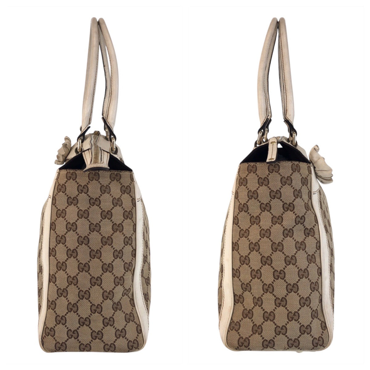 GUCCI Tote Bag 189828 GG canvas, leather Beige Ivory Gold Metal Tote Bag Shoulder Bag Trophy Women Used Authentic