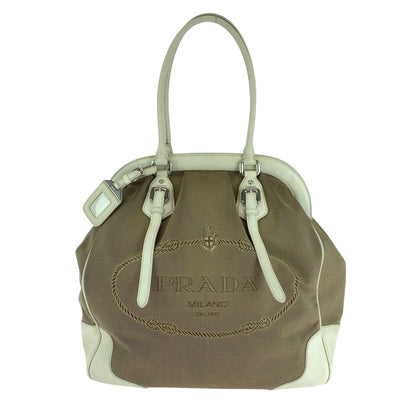 PRADA Handbag canvas Brown Handbag Tote Bag Shoulder Bag Logo jacquard Women Used Authentic