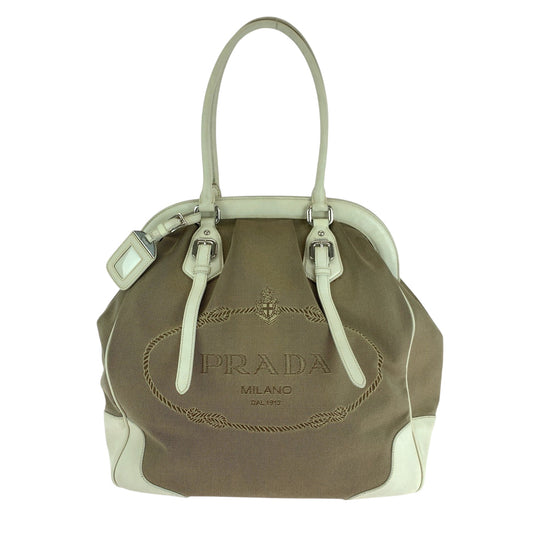 PRADA Handbag canvas Brown Handbag Tote Bag Shoulder Bag Logo jacquard Women Used Authentic
