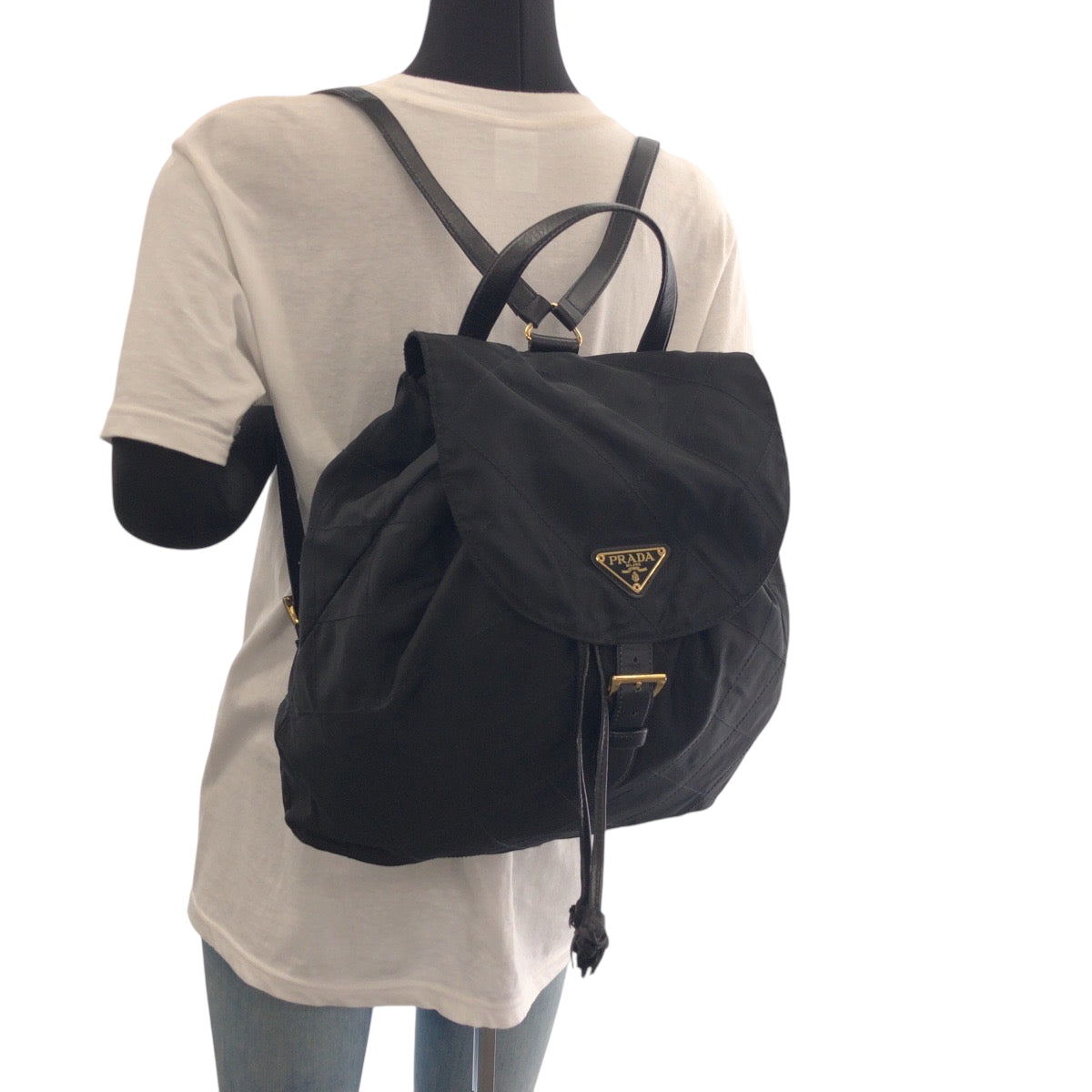 PRADA Backpack k2919 Nylon Black GoldMetal Backpack Backpack Test Triangle With logo Women Used Authentic