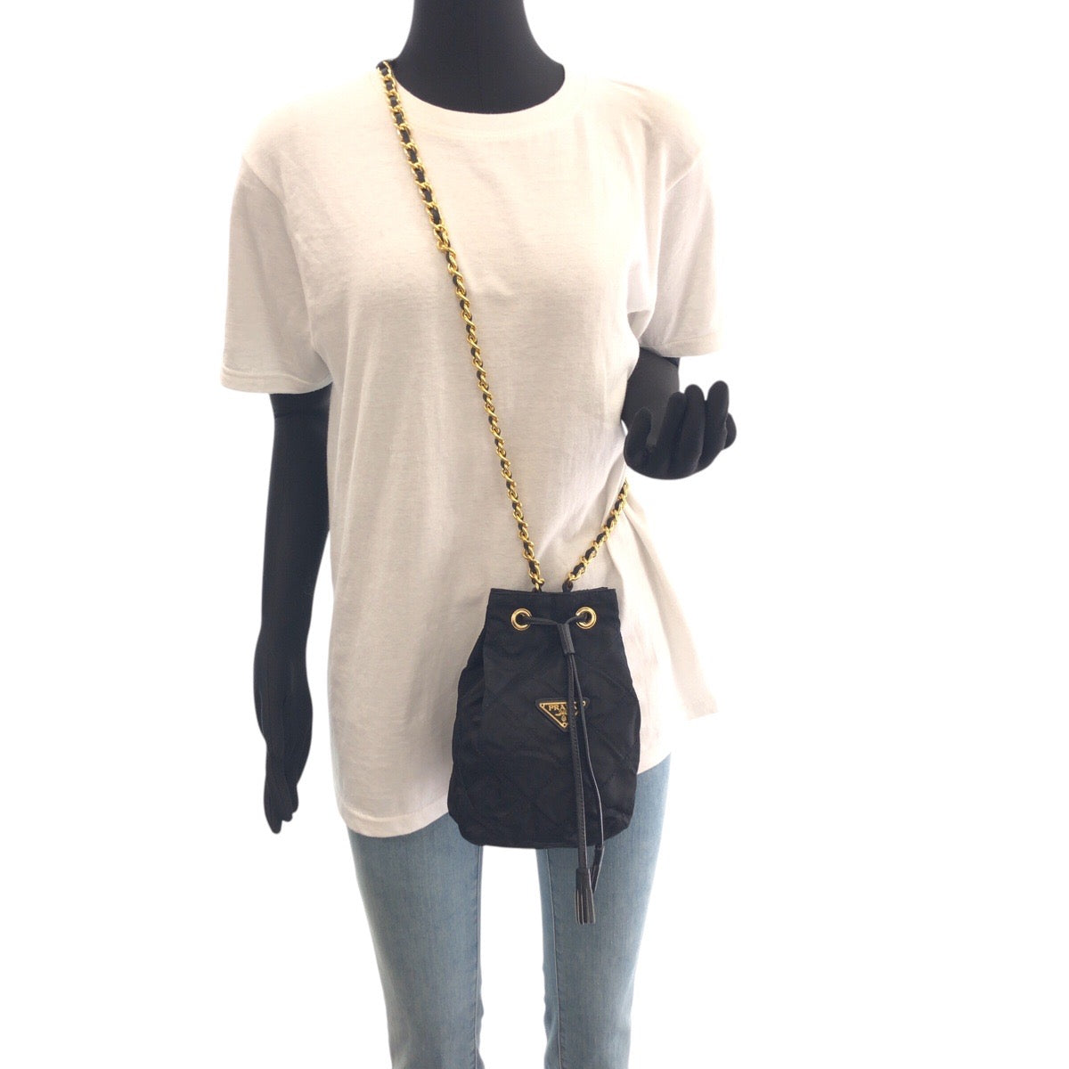 PRADA Shoulder Bag Nylon, Leather Black GoldMetal Crossbody Shoulder Bag Drawstring Tassel Test Triangle With logo Women Used Authentic