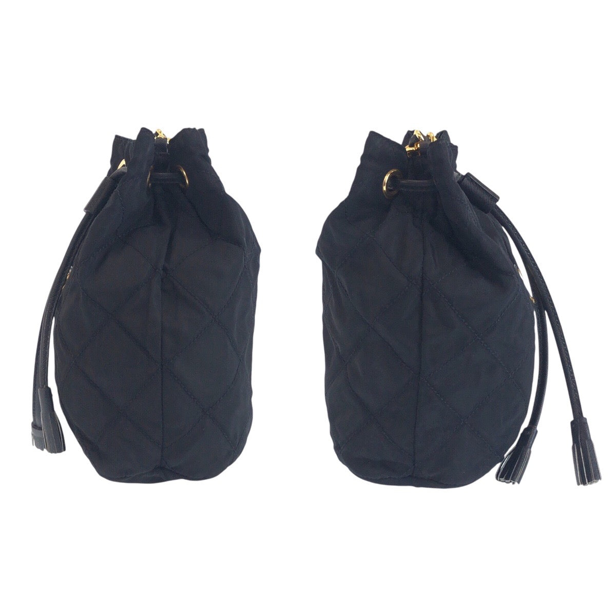 PRADA Shoulder Bag Nylon, Leather Black GoldMetal Crossbody Shoulder Bag Drawstring Tassel Test Triangle With logo Women Used Authentic