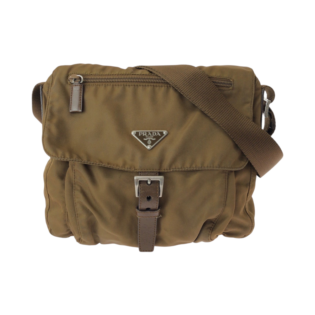 PRADA Shoulder Bag 1BD994 Nylon Camel Brown SilverMetal Shoulder Bag pochette Test Triangle With logo mens Used Authentic