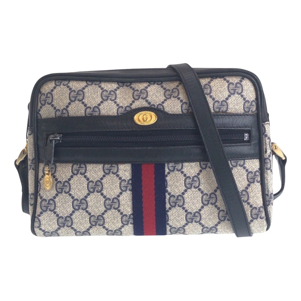 GUCCI Shoulder Bag 010 378 GG Supreme canvas, leather Gray Navy Gold Metal Shoulder Bag pochette Sherry Line Old Gucci Women Used Authentic