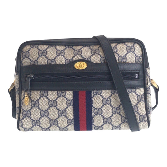 GUCCI Shoulder Bag 010 378 GG Supreme canvas, leather Gray Navy Gold Metal Shoulder Bag pochette Sherry Line Old Gucci Women Used Authentic