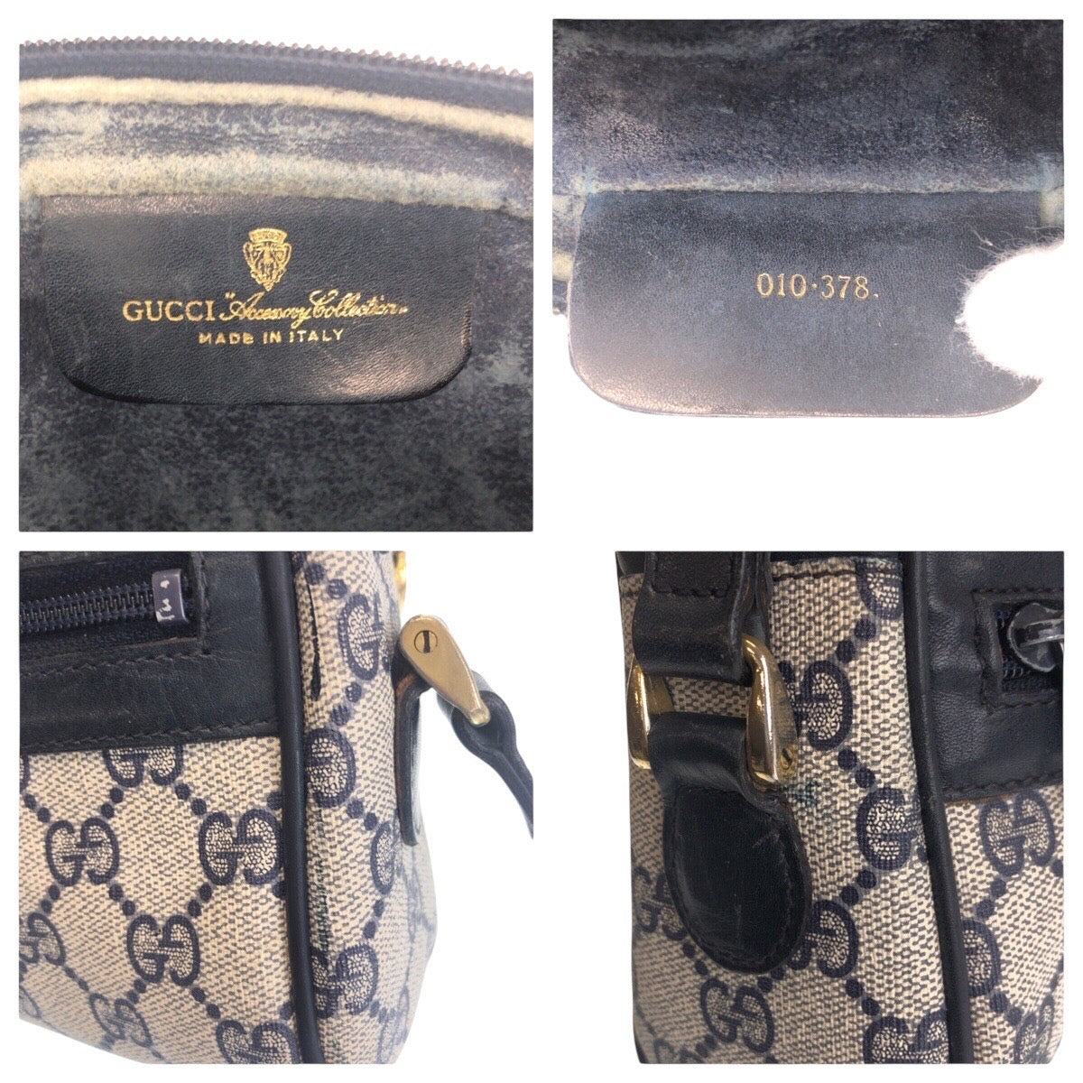 GUCCI Shoulder Bag 010 378 GG Supreme canvas, leather Gray Navy Gold Metal Shoulder Bag pochette Sherry Line Old Gucci Women Used Authentic