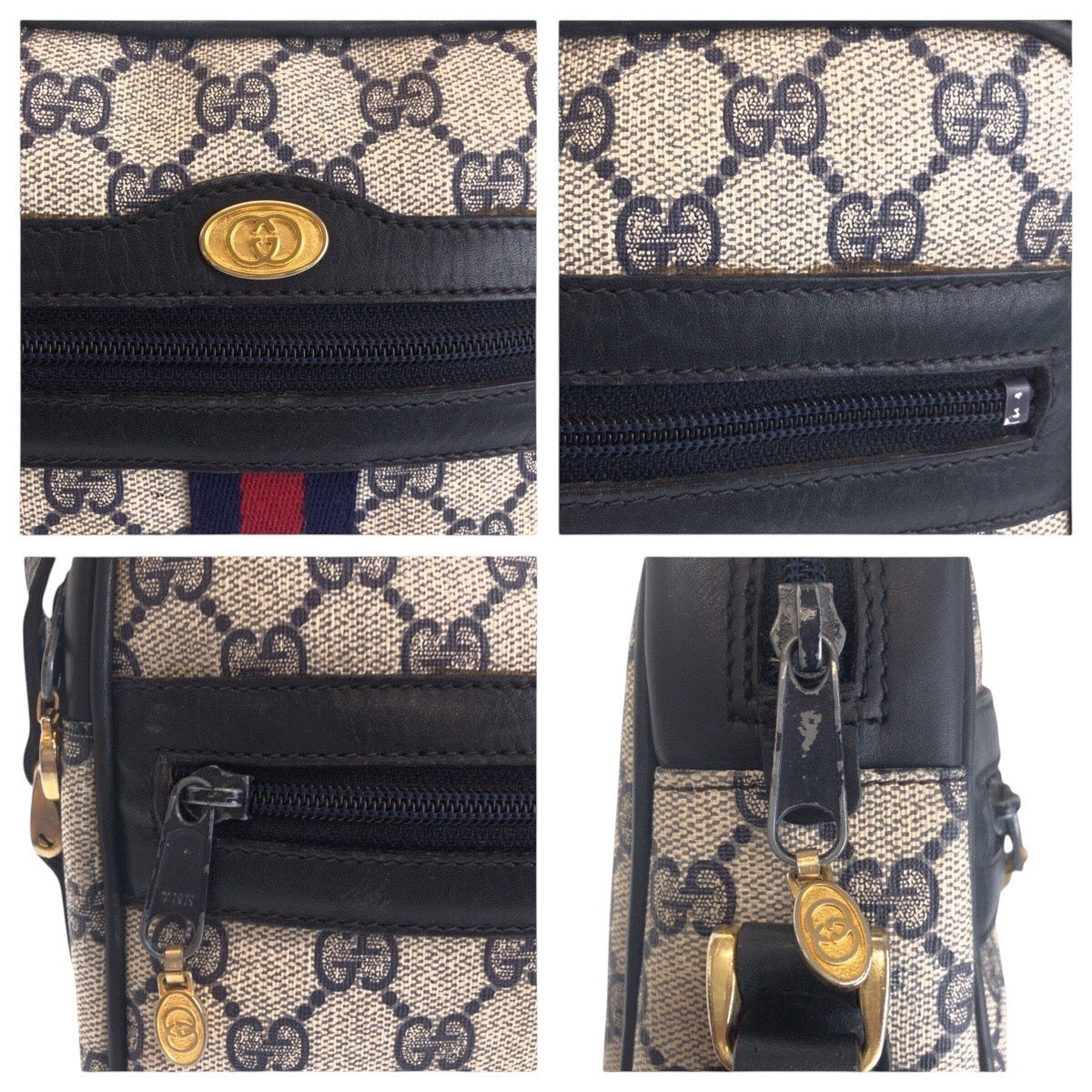 GUCCI Shoulder Bag 010 378 GG Supreme canvas, leather Gray Navy Gold Metal Shoulder Bag pochette Sherry Line Old Gucci Women Used Authentic