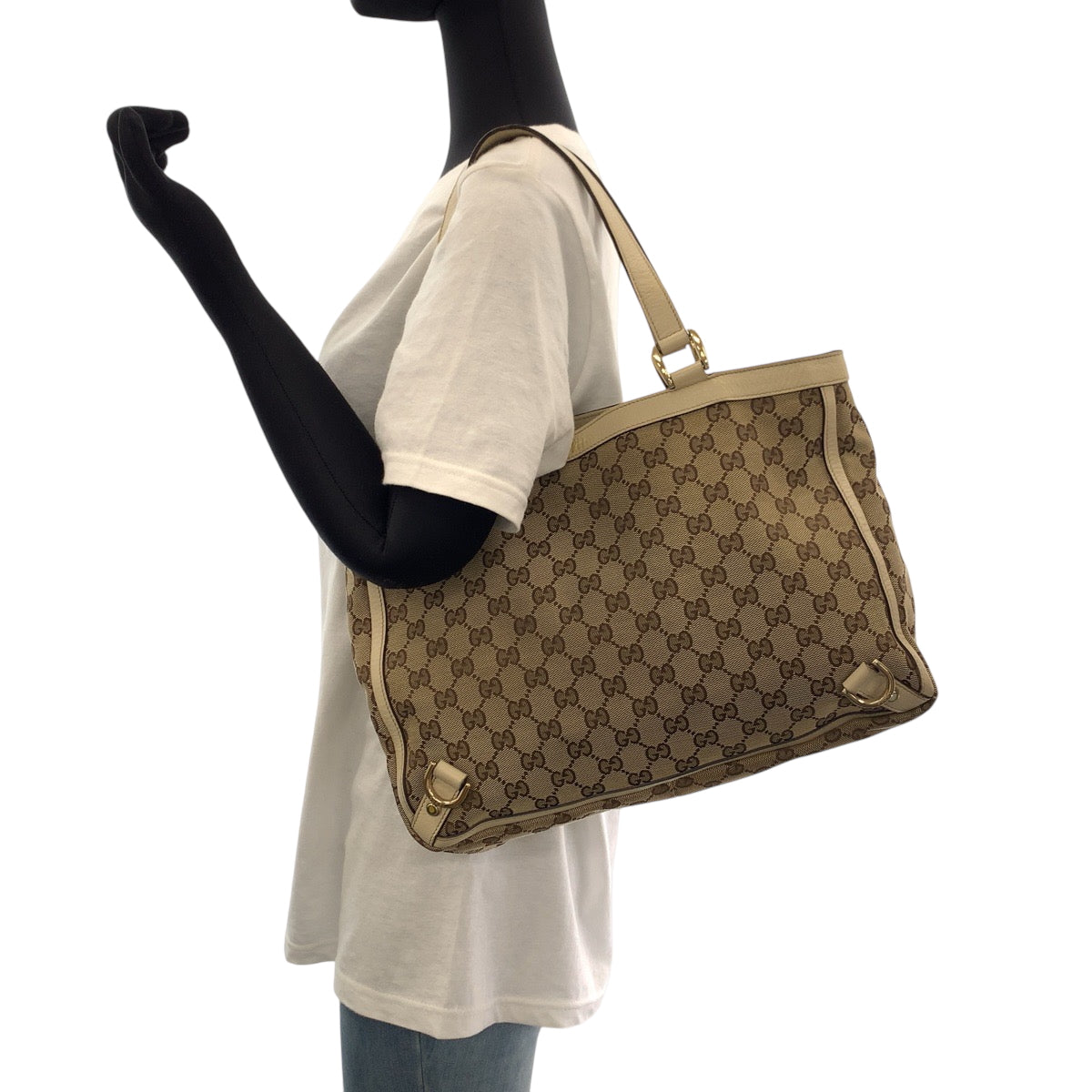 GUCCI Tote Bag 170004 GG canvas Beige Ivory Gold Metal Tote Bag handbag Women Used Authentic
