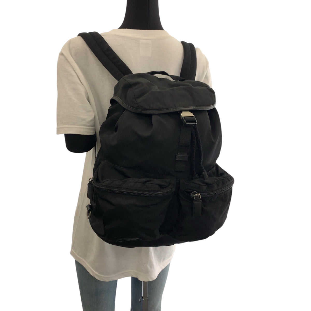PRADA Backpack V164 Nylon Black SilverMetal Backpack Backpack Test Triangle With logo Women Used Authentic