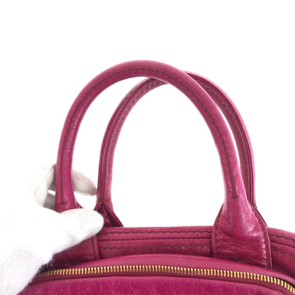 PRADA Tote Bag leather Pink Gold Metal Triangle With logo
