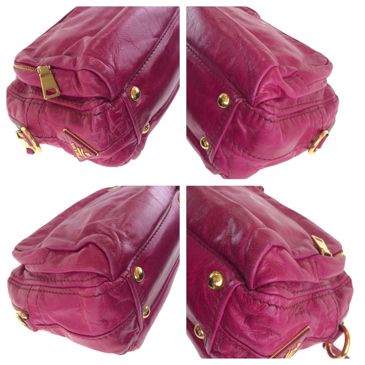 PRADA Tote Bag leather Pink Gold Metal Triangle With logo