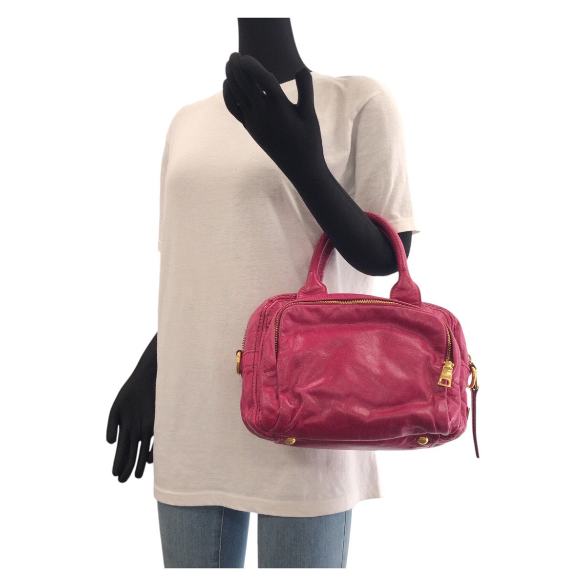 PRADA Tote Bag leather Pink Gold Metal Triangle With logo