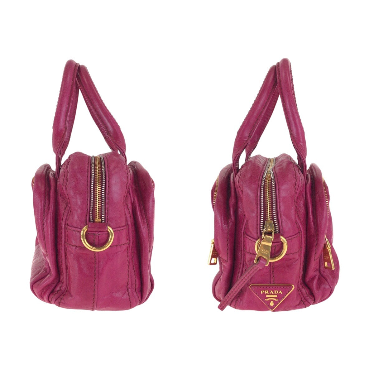 PRADA Tote Bag leather Pink Gold Metal Triangle With logo