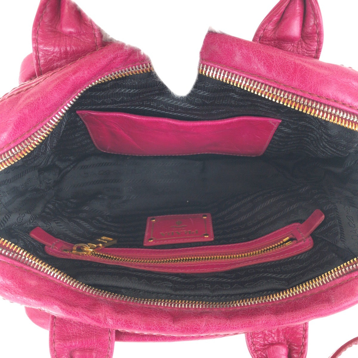 PRADA Tote Bag leather Pink Gold Metal Triangle With logo