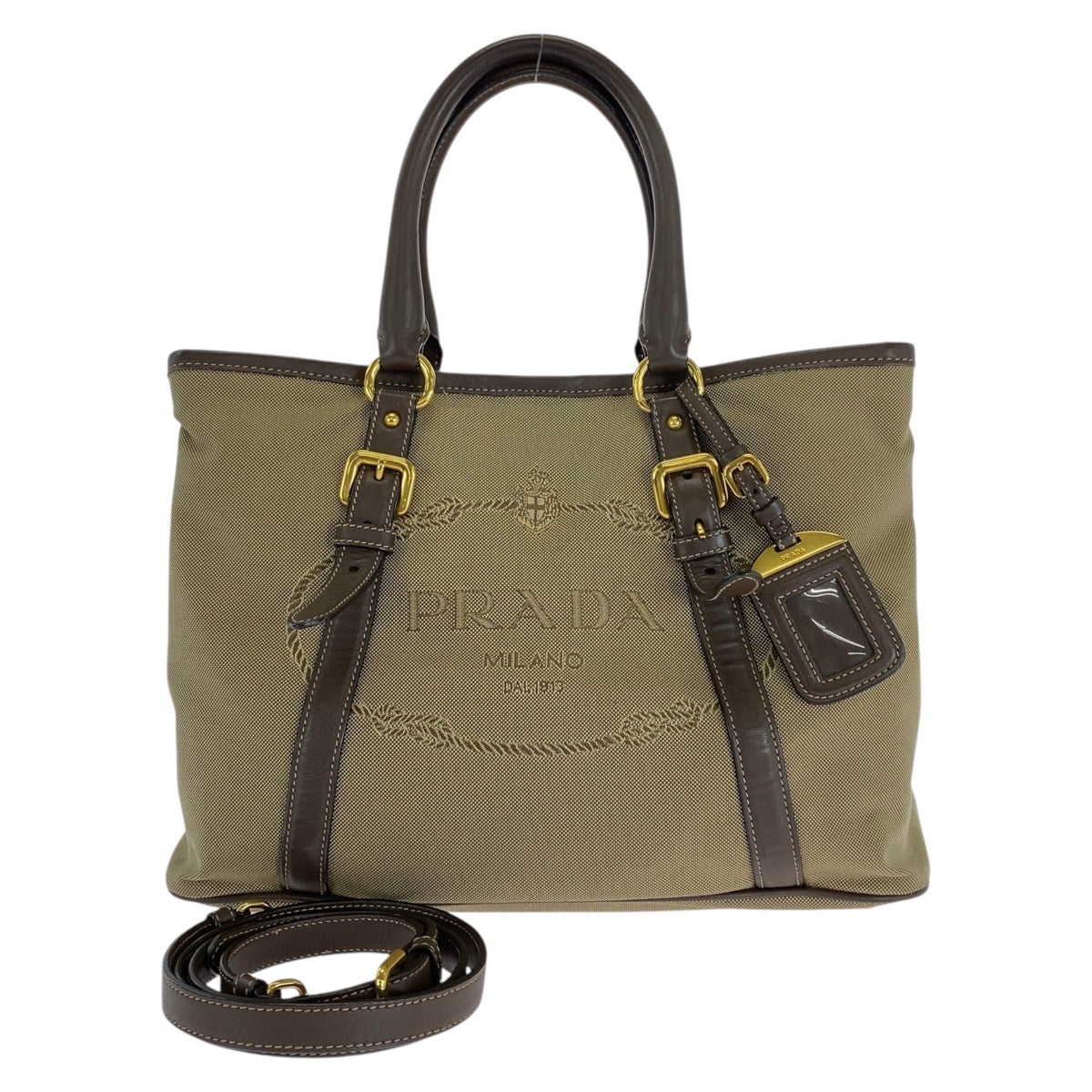 PRADA Tote Bag Canvas, Leather Khaki Brown Gold Metal Tote Bag Shoulder Bag Logo jacquard Triangle With logo Women Used Authentic